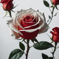 A fresh red rose with soft white accents, positioned on a perfectly clean white background.