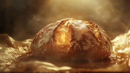 A golden brown loaf of sourdough bread fresh out of the oven, styled with warm earthy tones