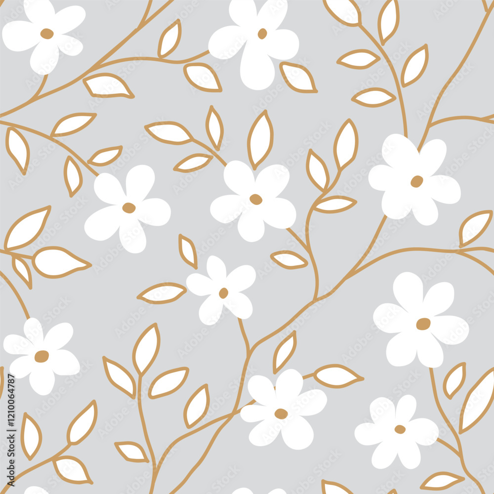 Aufkleber seamless floral pattern with abstract stem with leaf and flower silhouette. gray background with lea