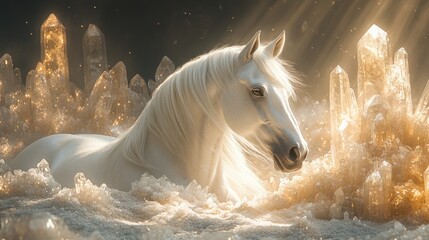 Majestic white horse amidst glowing crystals, fantasy landscape, magical aura, digital art