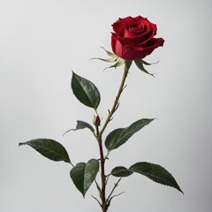 A single beautiful red rose with delicate white streaks, isolated on a clear, bright white backdrop.
