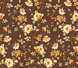 Seamless floral pattern with beautiful vintage rose and decorative leaf silhouette. Wallpaper with abstract yellow rose flower, green leaf on brown background. Vector stock illustration.