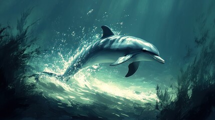 Fototapeta premium Dolphin leaping, ocean, seaweed, sunlight, underwater, marine life, nature, wildlife, aquatic, background, digital art