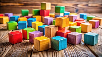 Obraz premium Colorful Wooden Blocks Arranged on Rustic Wooden Surface A Study in Structure and Hue