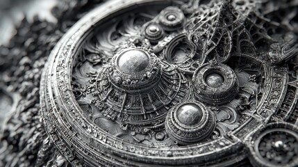 Naklejka premium Intricate metallic clockwork mechanism with complex gears and ornate carvings in a close-up macro shot.