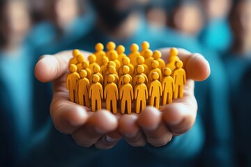 Connecting with the Crowd: A hand outstretched, holding a large group of tiny figures, symbolizes community, connection, and the importance of human interaction.