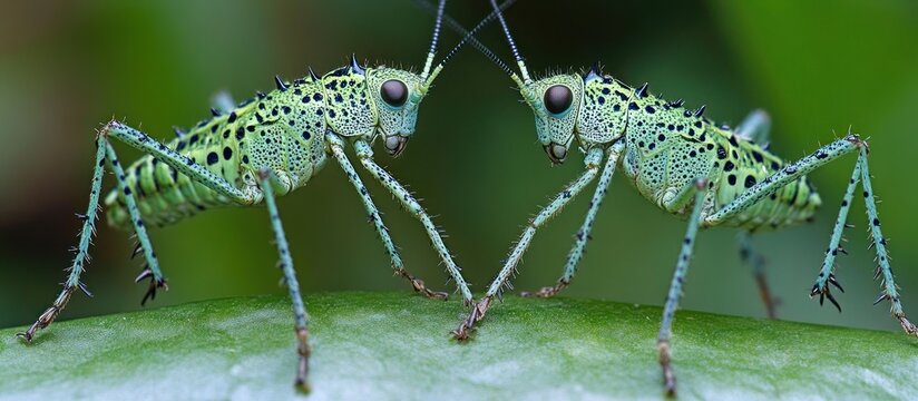 Two katydids face off on leaf, green background, nature macro