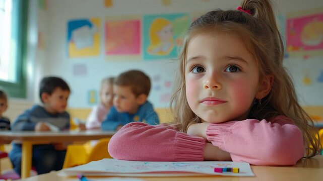 A young girl in a classroom, resting her head on her arms with a thoughtful expression, surrounded by colorful drawings and classmates