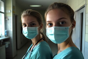 Two young nurses wearing surgical masks and scrubs are standing in a hospital corridor, prepared to assist patients and deliver essential medical care with dedication and professionalism