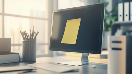 A sticky note pinned to a computer monitor in a modern office setting, symbolizing organization, productivity, and reminders in a professional workspace.