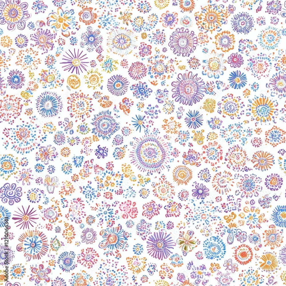 Poster whimsical watercolor doodles featuring colorful flowers and patterns in a vibrant and playful arrang