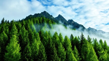 Fototapeta premium Lush Green Forest and Majestic Mountains Under Cloudy Sky