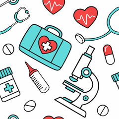 A cheerful and engaging seamless pattern featuring various cartoon medical supplies.