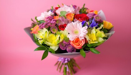 Fototapeta premium A bouquet of flowers on a pink background. Bouquet of multicolored flowers
