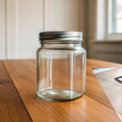Clear glass jar on wooden table, can mockup