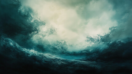 Obraz premium A breathtaking view of a stormy sky filled with dramatic clouds, showcasing shades of blue and green over an expansive ocean, evoking powerful emotions.