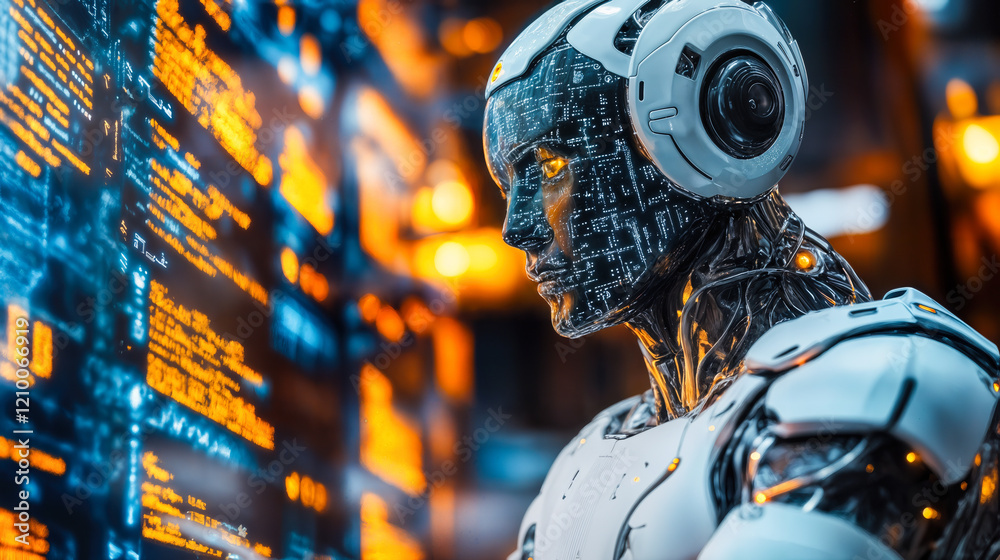 Poster ai robot analyzing data on digital interface for business performance enhancement