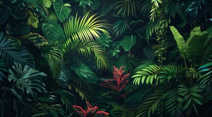 Lush green tropical foliage with vibrant red leaves in a dense, natural, and organic background.