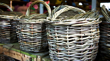A collection of woven baskets arranged on a wooden shelf.