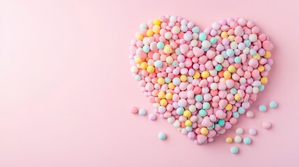 A heart-shaped arrangement of colorful candies on a pastel background.