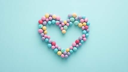 Obraz premium A heart-shaped arrangement of colorful candies on a pastel background.