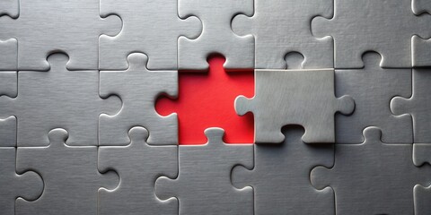 Fototapeta premium Nearly Complete Grey Jigsaw Puzzle with a Single Missing Piece Revealing a Vibrant Red Background