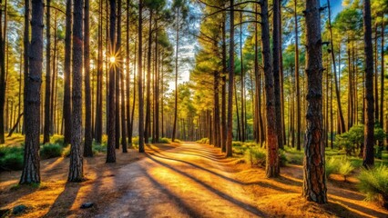 Obraz premium Golden sunlight filters through tall pine trees, illuminating a tranquil path in a serene woodland setting, creating long shadows along the forest floor.