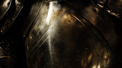 Medieval knight's armor detail, museum display, dark background, historical context
