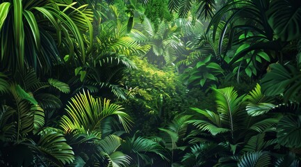 Fototapeta premium Lush green tropical jungle with sunlight streaming through the leaves.
