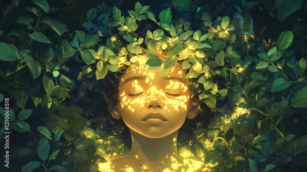Poster surreal portrait of a glowing child surrounded by lush foliage in a dreamlike forest setting