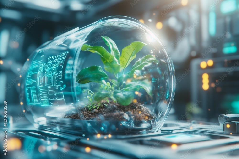 Poster a futuristic scene of a glowing yucca plant in a transparent pod, surrounded by a high-tech, sleek m