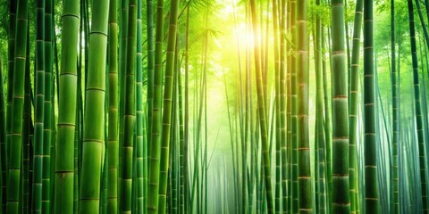 Fototapeta premium Serene Bamboo Forest Path Illuminated by Sunlight, Creating a Mystical and Tranquil Atmosphere