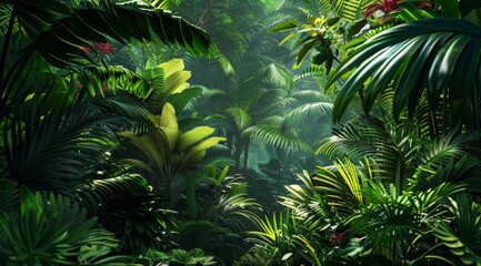 Sunlight streams through the dense foliage of a lush tropical jungle.