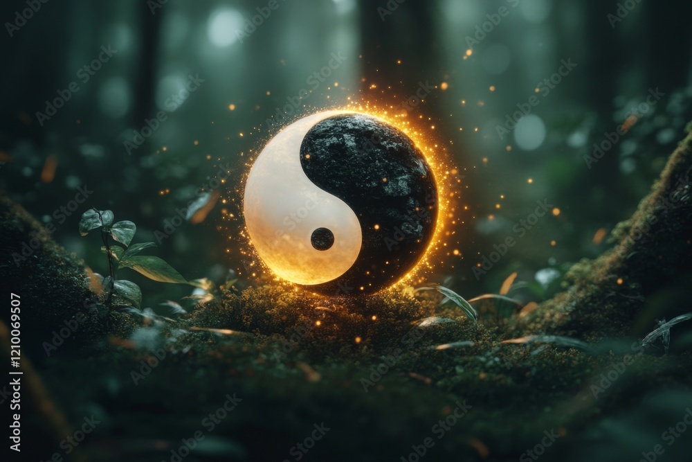Poster A glowing yin yang symbol floating in the air, surrounded by a soft aura of light in a tranquil forest setting