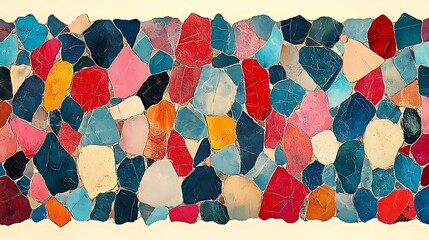 Vibrant Stone Mosaic: A captivating horizontal seamless pattern of colorful, irregularly shaped stones creating a striking mosaic. The rich hues and textures invite a sense of visual adventure.