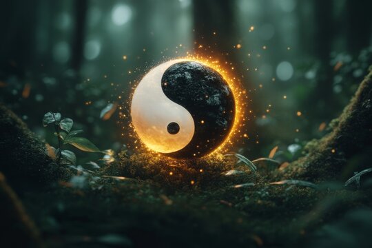 A glowing yin yang symbol floating in the air, surrounded by a soft aura of light in a tranquil forest setting