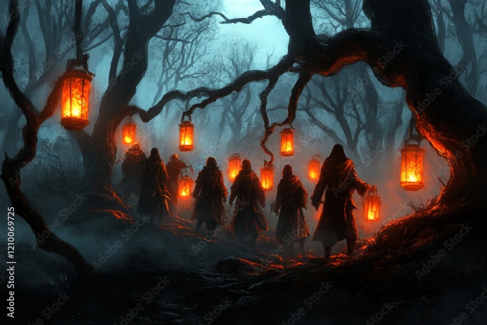 Poster a gothic depiction of a group of youth standing together in a dark forest, with glowing lanterns and