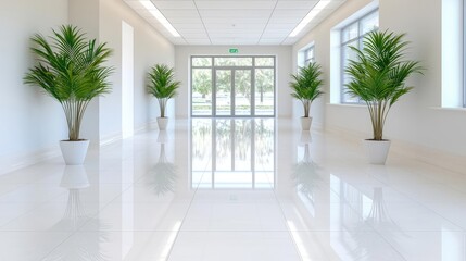 Fototapeta premium Bright modern office lobby hallway with green potted palm plants and a polished white tile floor reflecting natural light from windows.