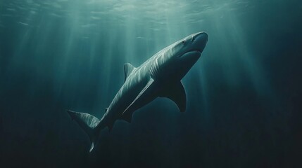 Fototapeta premium Majestic shark swims deep ocean, sunbeams background, marine wildlife documentary