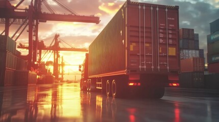 Obraz premium Busy port terminal with a cargo truck in action, transporting containers under a vivid orange sunset sky. Global commerce in focus. -