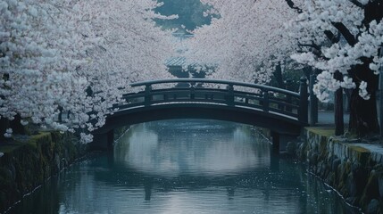 Fototapeta premium A small wooden bridge crossing a serene river, surrounded by blooming cherry blossoms.