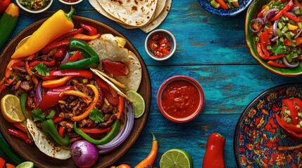 A sizzling fajita platter with colorful peppers and onions, served in a vibrant Tex-Mex style