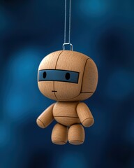A charming wooden puppet doll hanging against a soft blue background.