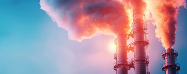 A vibrant industrial scene featuring smokestacks emitting clouds of vapor against a bright blue sky.