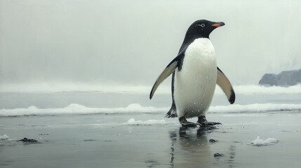 Obraz premium Ad?lie penguin walking Antarctic ice, foggy background, wildlife documentary