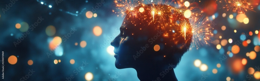 Poster glowing man in a dreamy atmosphere filled with sparkling lights and a mystic aura at twilight