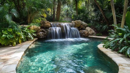 Naklejka premium A tranquil waterfall cascading into a crystal-clear pool, surrounded by lush greenery.