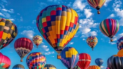 Fototapeta premium A vibrant collection of balloons rising into a bright, sunny sky.