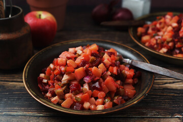 A bowl with traditional Rosolli salad, Finnish cuisine