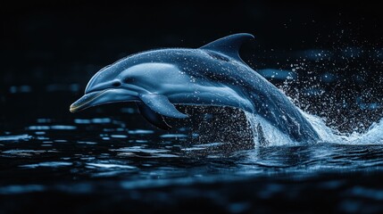 Fototapeta premium Dolphin leaping, ocean night, splashing, dark water, wildlife documentary